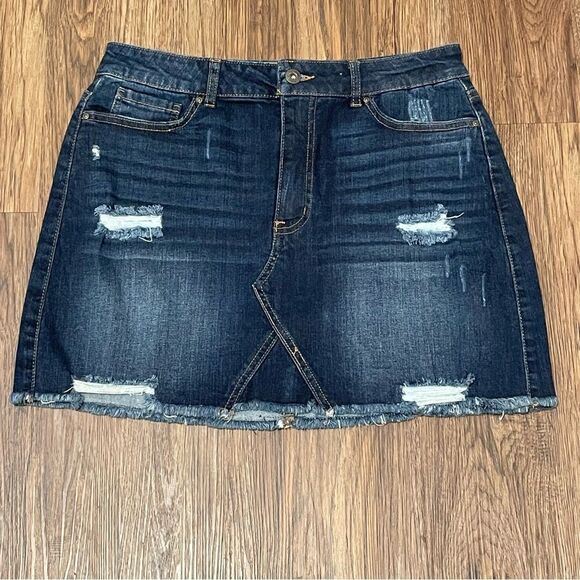 Wax Jean Denim Distressed Mini Skirt Dark Blue Size Large - Picture 1 of 10
